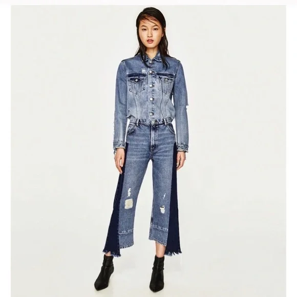 Blue Patchwork two tone denim asymmetric splice jeans Size 2 - Picture 4 of 12